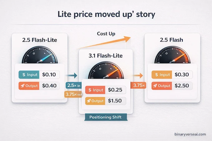 Gemini 3.1 Flash-Lite pricing controversy infographic showing Lite cost increase vs 2.5 models