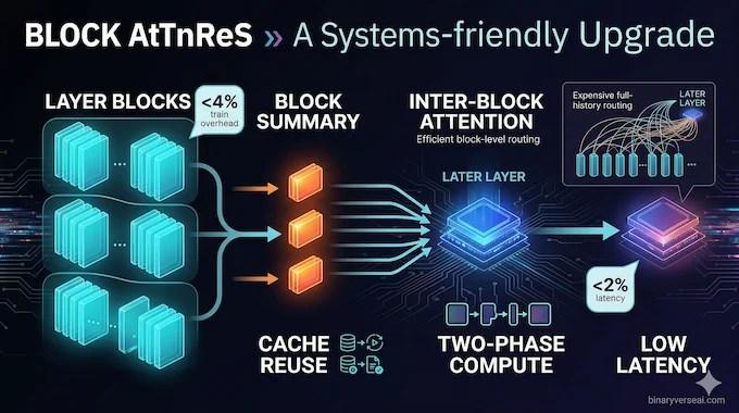 Residual connections Block AttnRes infographic showing block summaries and efficient depth attention
