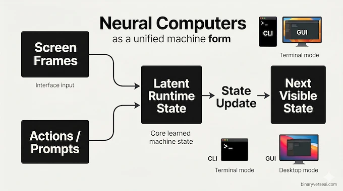 AI operating system infographic for What Neural Computers Actually Are showing unified runtime flow