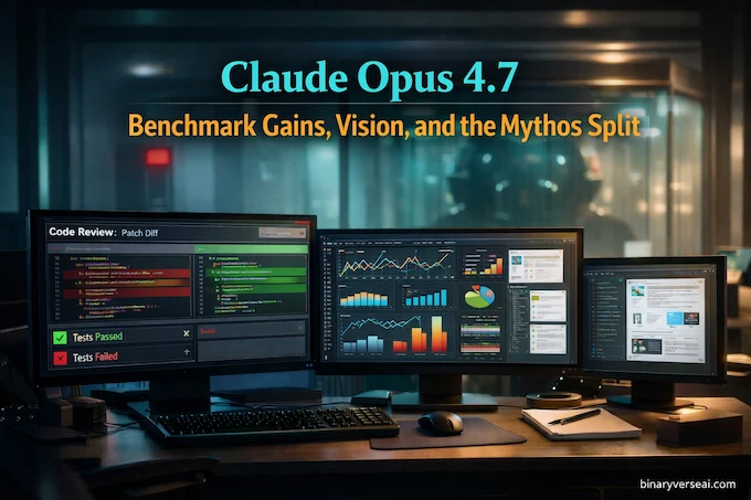 Claude Opus 4.7 feature image showing coding, vision, and the Mythos split in a premium editorial scene