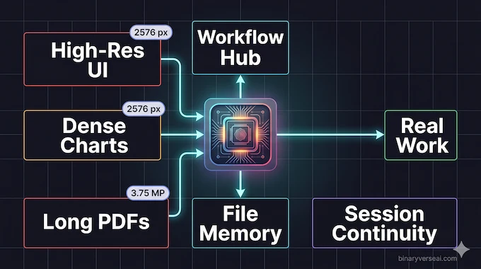Claude Opus 4.7 — Vision, Memory, And Real Work infographic for high-resolution visual reasoning and continuity