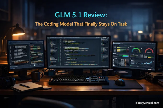 GLM 5.1 feature image showing a developer workstation built around long-horizon coding performance.