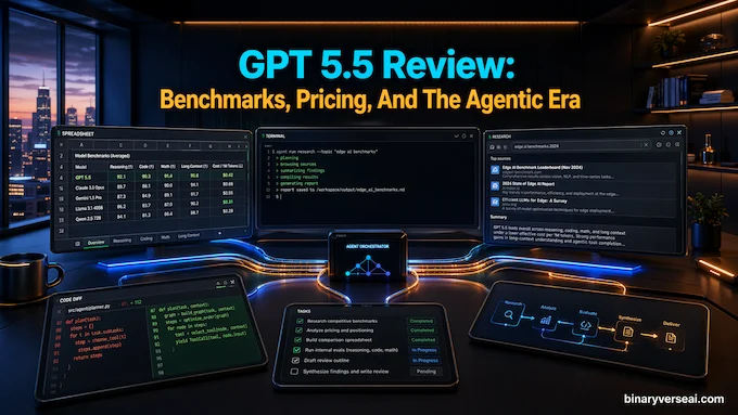GPT 5.5 review feature showing benchmarks, pricing, and agentic workstreams