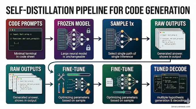 Self-Distillation What Self-Distillation Actually Does infographic showing the sample, fine-tune, and tuned decode pipeline.