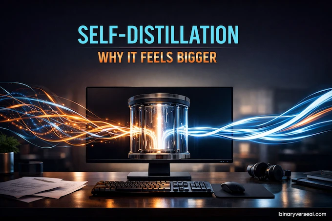 Self-Distillation feature image showing recursive code refinement in a premium editorial tech scene.