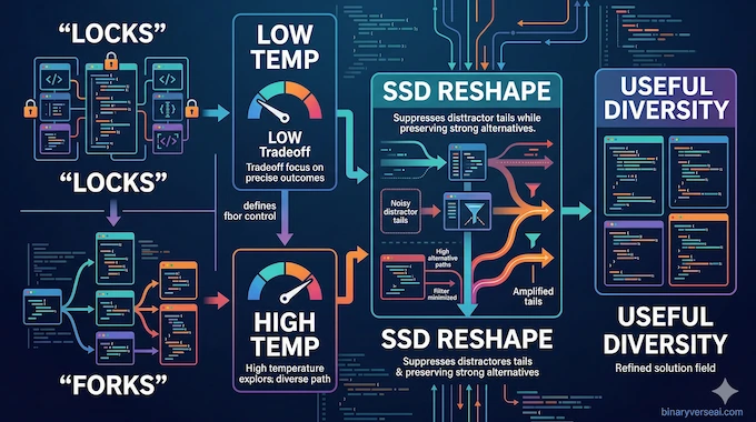 Self-Distillation Why Self-Distillation Does Not Collapse infographic showing locks, forks, and reshaped token choices.