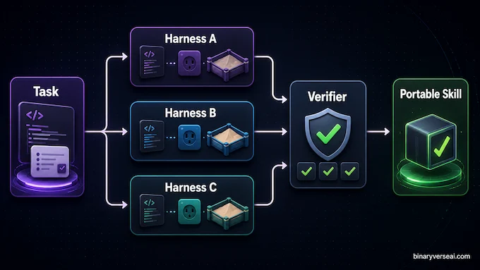 Qwen 3.7 Max cross-scaffold generalization infographic with task harness verifier flow