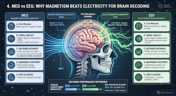 Brain2QWERTY MEG vs EEG comparison infographic showing accuracy and hardware differences