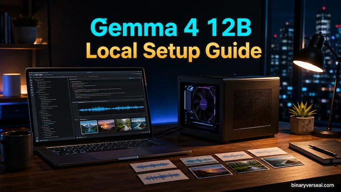 Gemma 4 12B Local Setup Guide feature image with local AI workstation