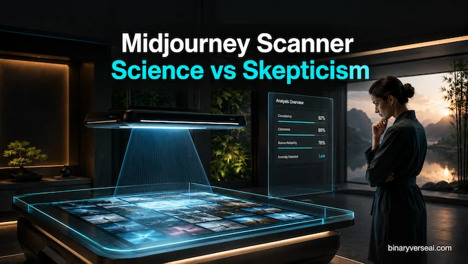 Midjourney Scanner feature image showing science and skepticism in an AI spa scanner scene