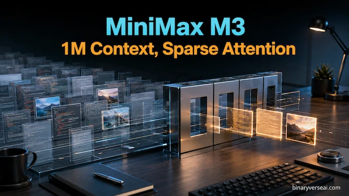 MiniMax M3 feature image showing sparse attention and 1M context evaluation