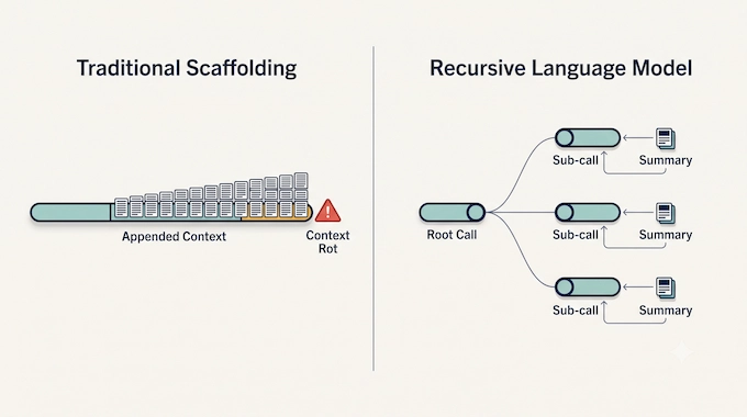 Infographic comparing a recursive agent harness to traditional scaffolding and context rot