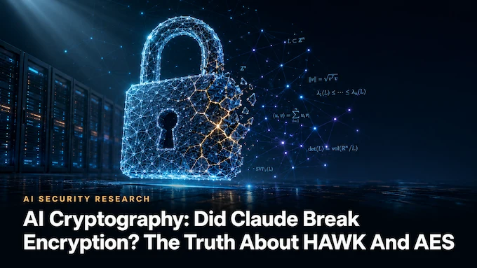 AI Cryptography feature image showing a fractured digital lattice padlock representing the HAWK and AES research