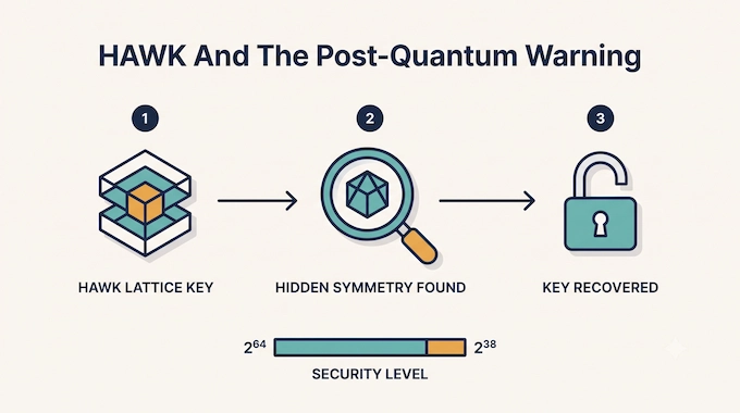 AI Cryptography infographic showing the three-stage HAWK lattice key recovery process and security drop