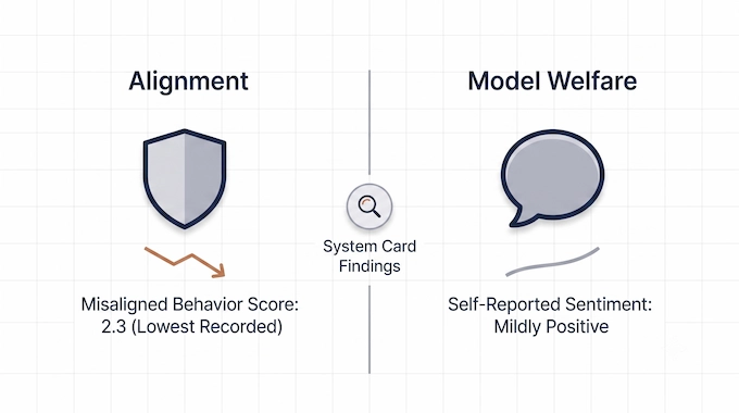 Claude Opus 5 alignment and model welfare infographic showing misalignment score and self-reported sentiment