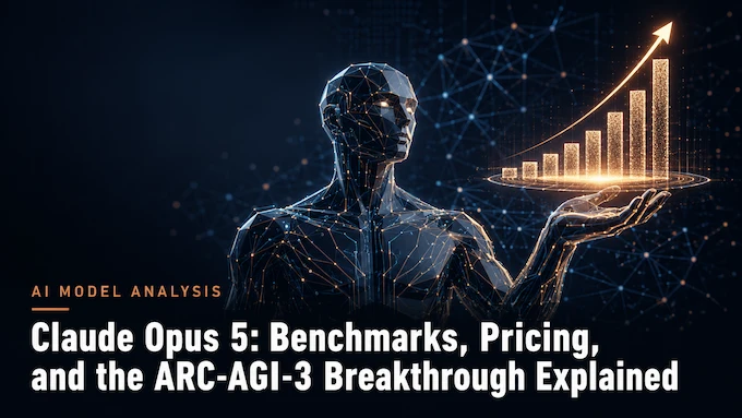 Claude Opus 5 feature image showing benchmarks, pricing, and the ARC-AGI-3 breakthrough