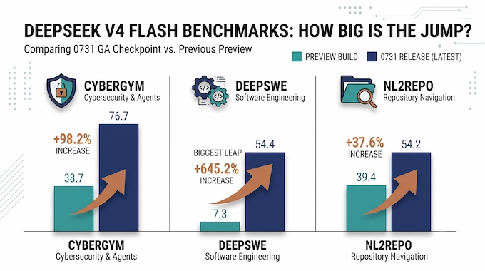 Infographic showing DeepSeek V4 Flash 0731 benchmark score gains over the preview version