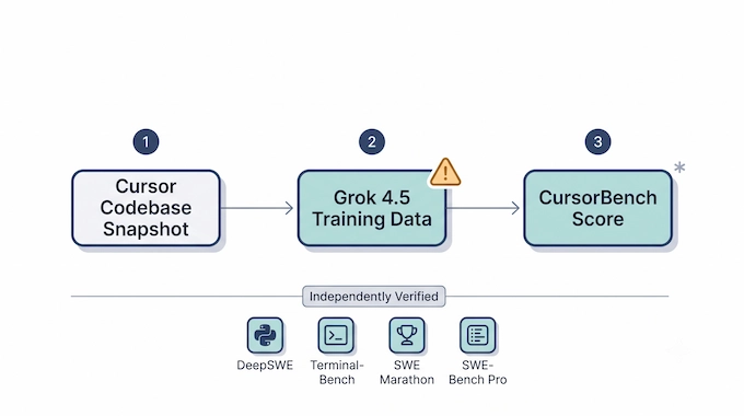 Diagram explaining how Grok 4.5 training data affected its CursorBench score