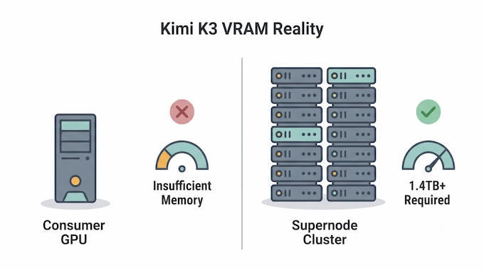 Kimi K3 VRAM requirements infographic showing consumer GPU versus server cluster