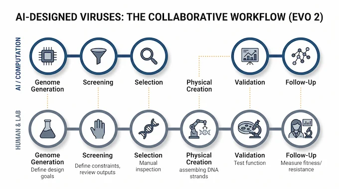 Infographic showing AI designed viruses workflow split between AI computation and human lab steps