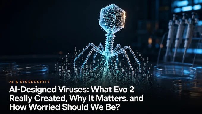 AI-designed viruses concept image showing a bacteriophage built from glowing genetic code