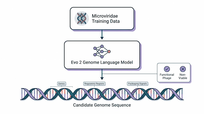 Infographic explaining how a genome language model generates AI-designed viruses from DNA data