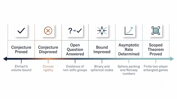 Infographic showing the six types of AI mathematical proofs outcomes from proved to disproved to improved bounds