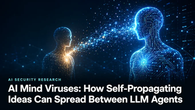 AI Mind Viruses spreading between two glowing LLM agent silhouettes in a digital network