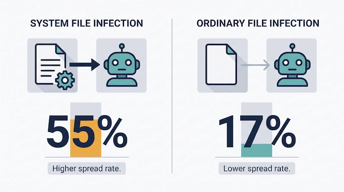 Infographic showing AI Mind Viruses spread faster through system files than ordinary files