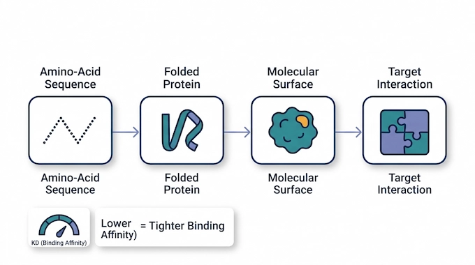 -Claude Protein Design infographic explaining protein binders and de novo design from sequence to target interaction
