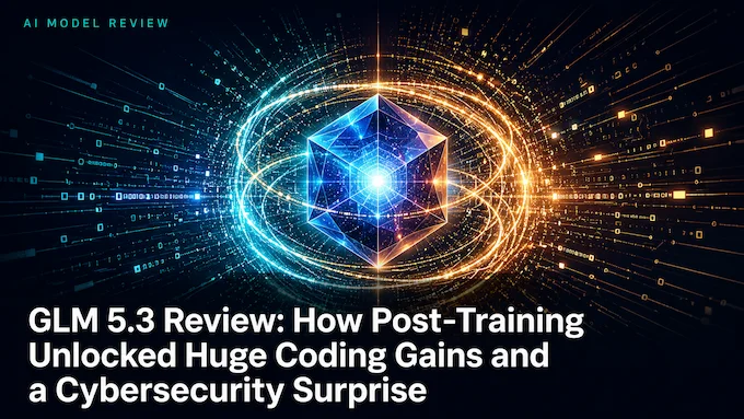 GLM 5.3 feature image showing an AI model core reshaped by post-training for coding and cybersecurity gains