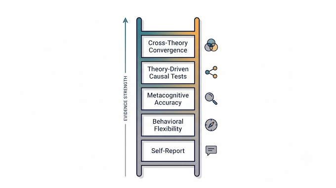Infographic ranking the evidence ladder needed to credibly test machine consciousness, from self-report to convergence.
