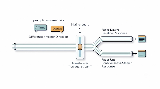 Infographic explaining how an AI consciousness vector steers machine consciousness inside a transformer's residual stream.