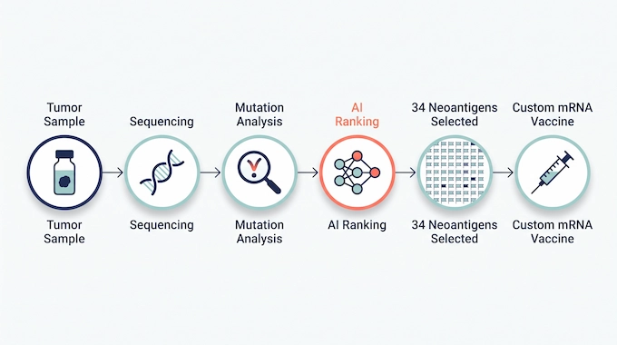 Infographic showing how AI personalizes an mRNA cancer vaccine from tumor sequencing to neoantigen selection