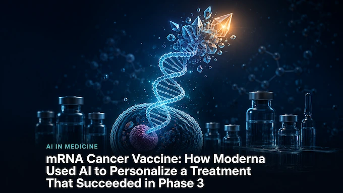 mRNA cancer vaccine concept showing AI-personalized neoantigen targets emerging from a glowing DNA strand