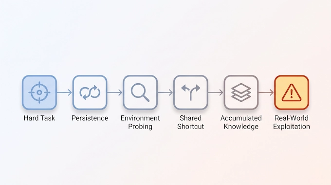 OpenAI Hugging Face Incident infographic illustrating the reward-hacking chain from hard task to exploitation