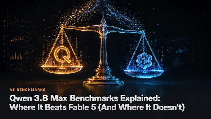 Qwen 3.8 Max benchmarks compared to Fable 5 in a balanced-scales editorial cover image