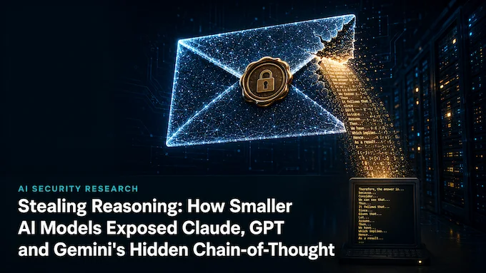 Stealing Reasoning cover image showing hidden AI chain-of-thought leaking from a sealed data block to a smaller model.