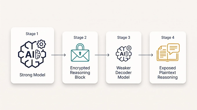 Diagram showing how the Stealing Reasoning attack moves an encrypted AI reasoning block from a strong to a weaker model.