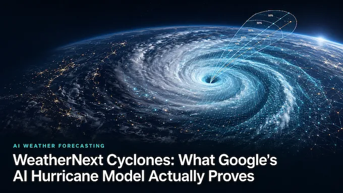 WeatherNext Cyclones AI model tracking a hurricane's spiral bands and forecast cone from orbit