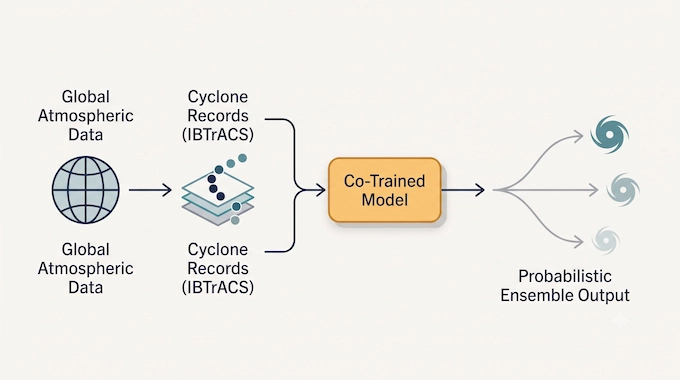 Infographic showing how WeatherNext Cyclones co-trains on global weather and cyclone track data