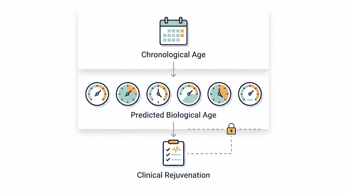 Infographic showing how proteomic aging clocks relate to claims that an AI generated drug slows aging