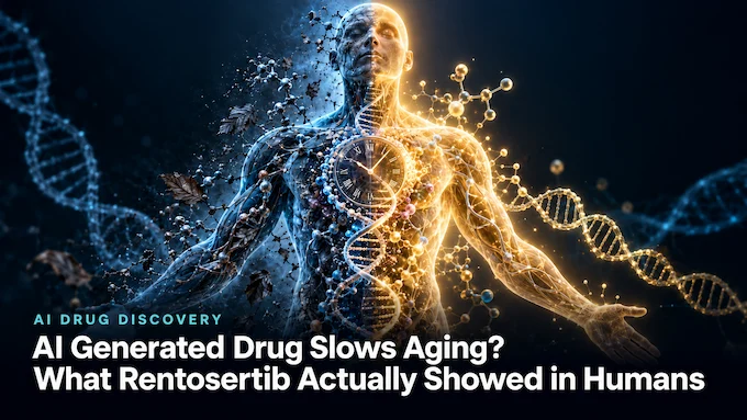Feature image illustrating how an AI generated drug slows aging in the Rentosertib human trial