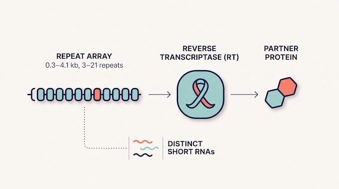 Diagram from the Claude enzyme discovery showing the repeat array, reverse transcriptase, and partner protein