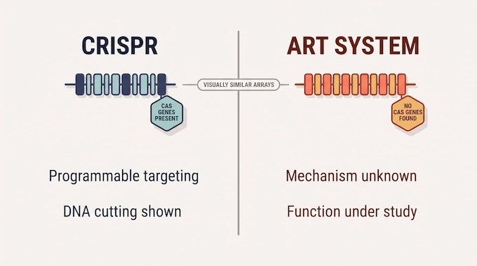 Comparison graphic from the Claude enzyme discovery showing how the ART system differs from CRISPR