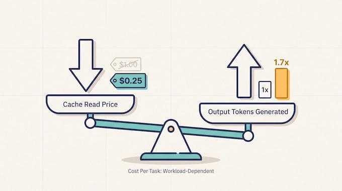 Infographic comparing Claude Fable 5.1 cache pricing cuts against rising output token costs