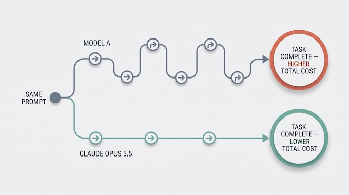 Infographic comparing Claude Opus 5.5 cost per task against a model needing more turns