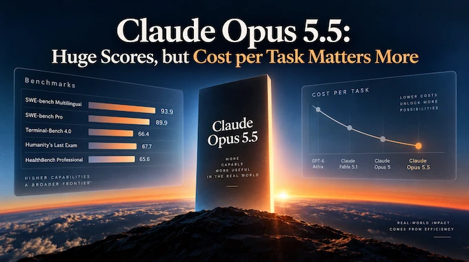 Claude Opus 5.5 feature graphic comparing high benchmark scores against real cost per task