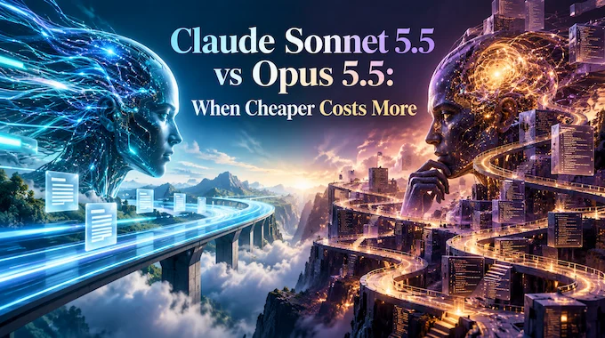 Claude Sonnet 5.5 and Opus 5.5 shown as two receipt printers, one printing a much longer cost receipt