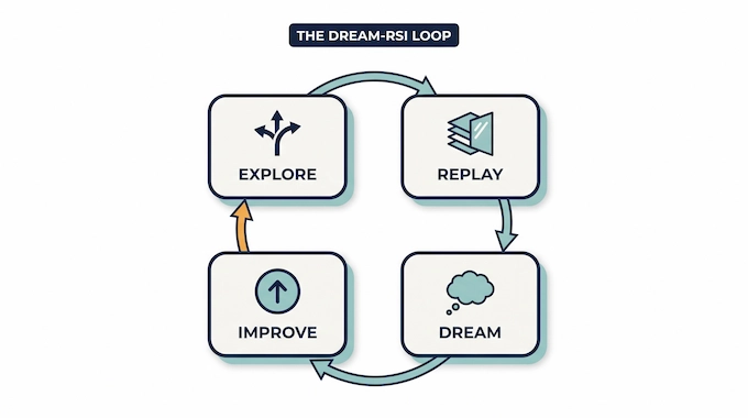 Dream-RSI infographic showing the Explore, Replay, Dream, Improve loop that drives recursive AI search optimization.